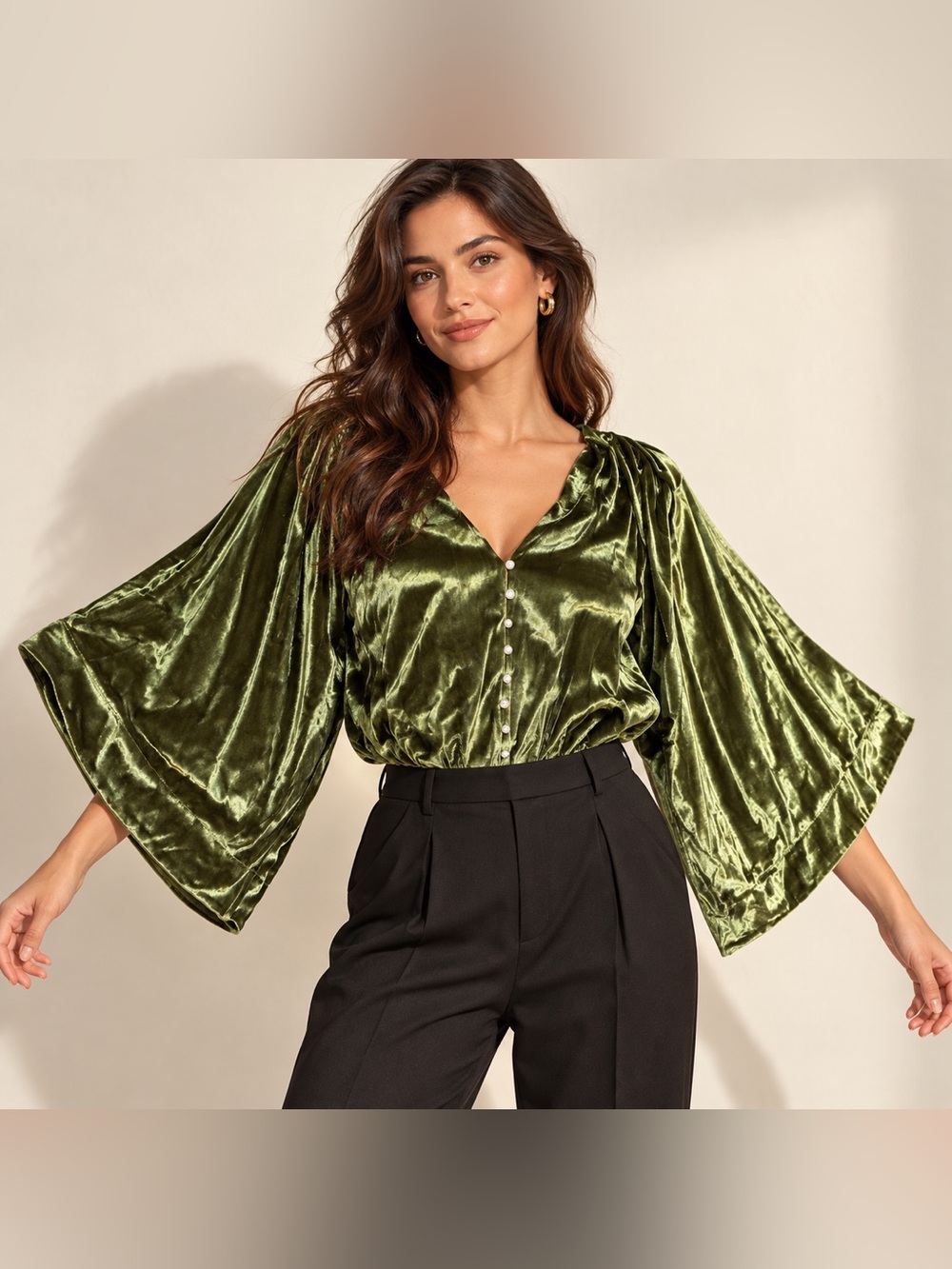 Zara Olive Green Velvet Bodysuit Bell Sleeves Pearl Button V-Neck Size Medium